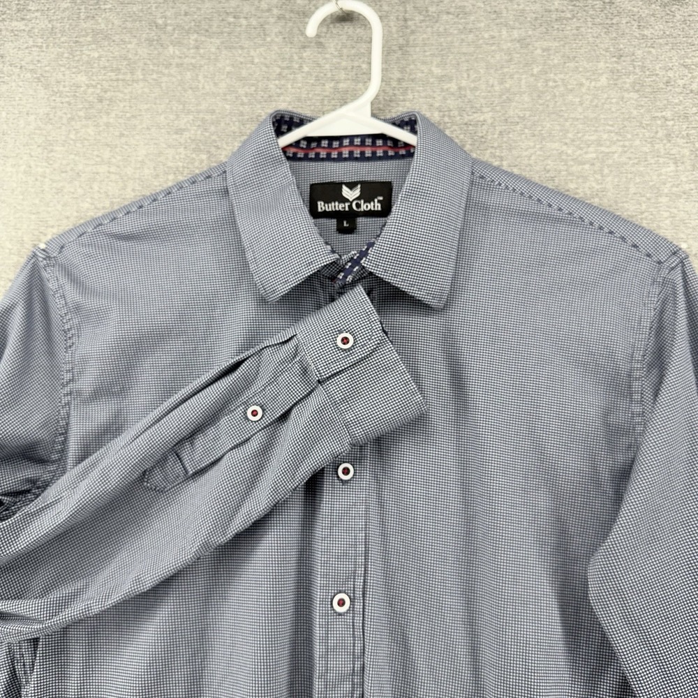 Butter Cloth Shirt Men Size Large Blue Gingham Long Sleeve